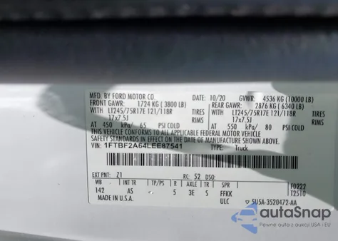 2020 Ford F-250 Xl from USA, damaged, VIN 1FTBF2A64LEE87541